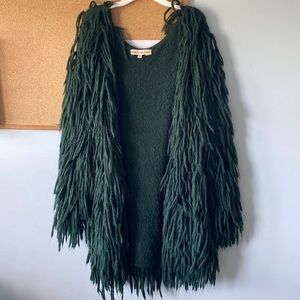 shaggy 70s style evergreen cardigan